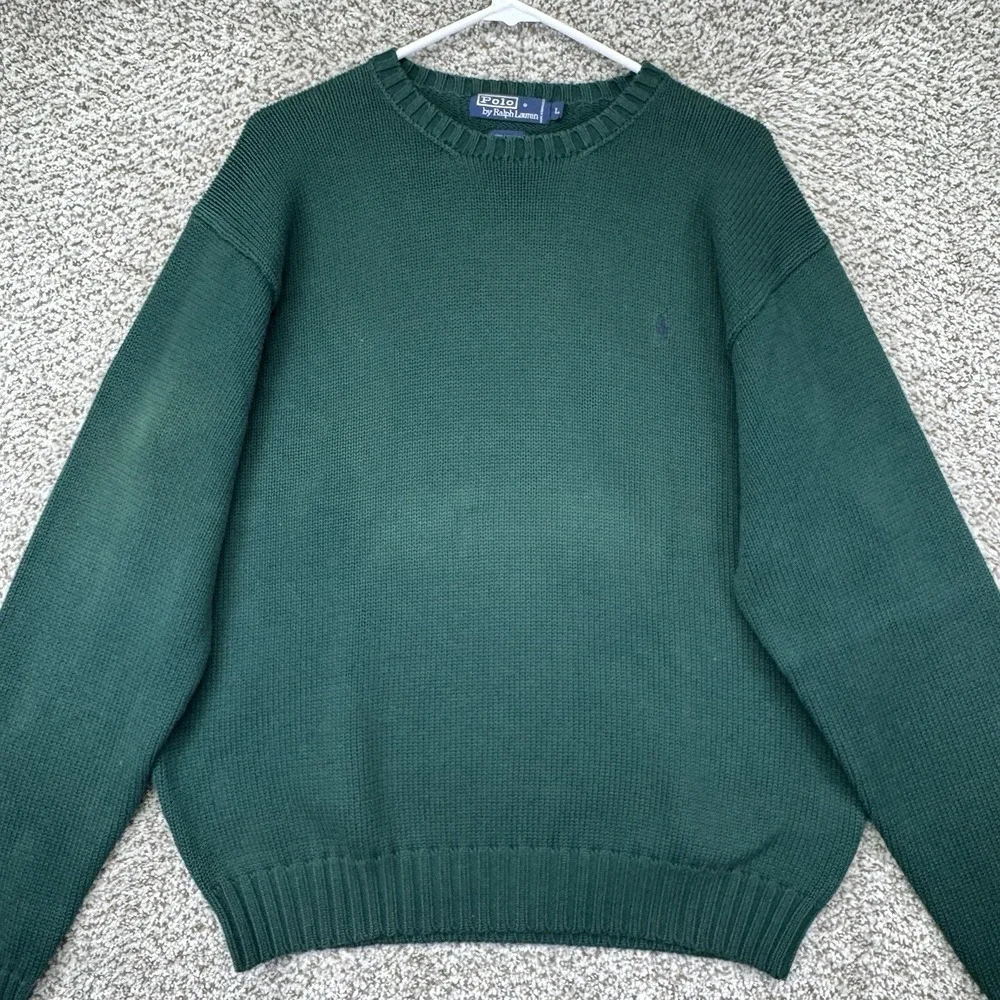 Polo Ralph Lauren Sweater Mens L Green Cotton Knit Crew Pullover Chunky‎ Heavy